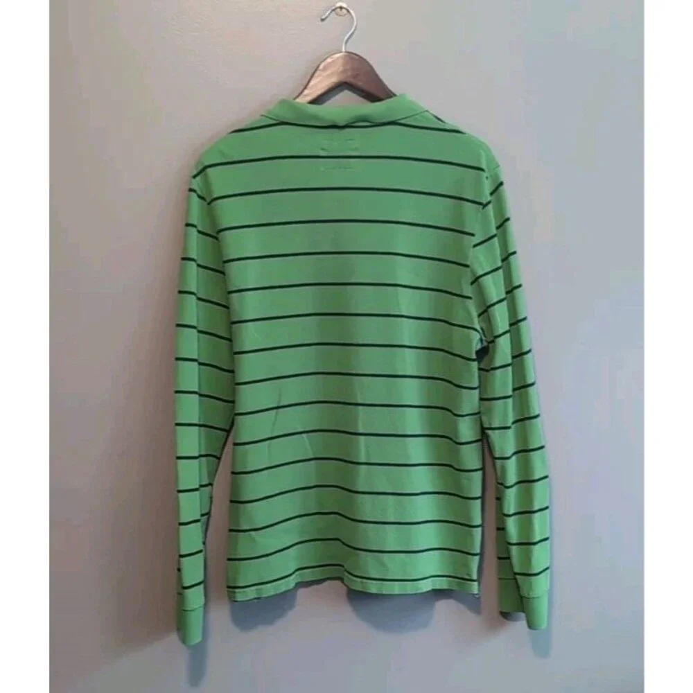 J.Crew Mens Large L Polo Shirt Long Sleeve Blue Green Stripe Vintage Style LS